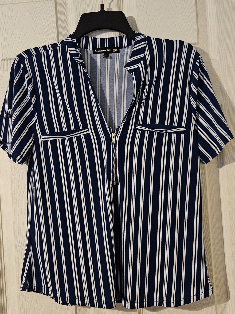 Always Indigo Navy & White Vertical Stripe Zip-Front Shirt